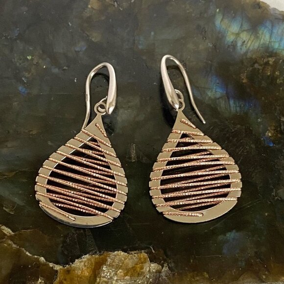 Sterling Silver 925 Italy Modernist Brass Woven Accent Teardrop Dangle Earrings - Picture 6 of 16